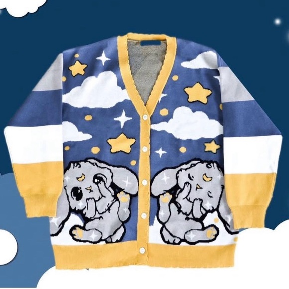 Koko Kuma Moon Bunny Cardigan Sweater Kawaii Rabbit Chibi Clouds Button Front XL - Picture 3 of 12
